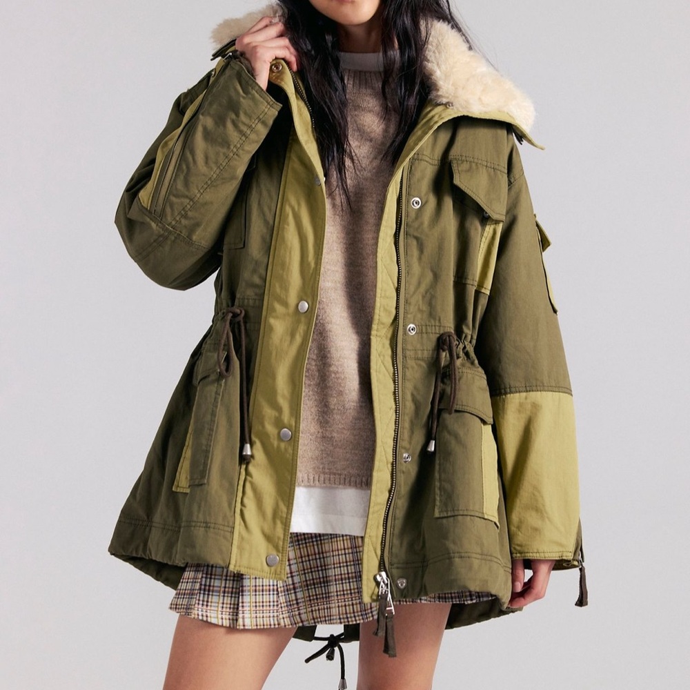 We The Free Olive Utility Jacket with Faux Fur Collar